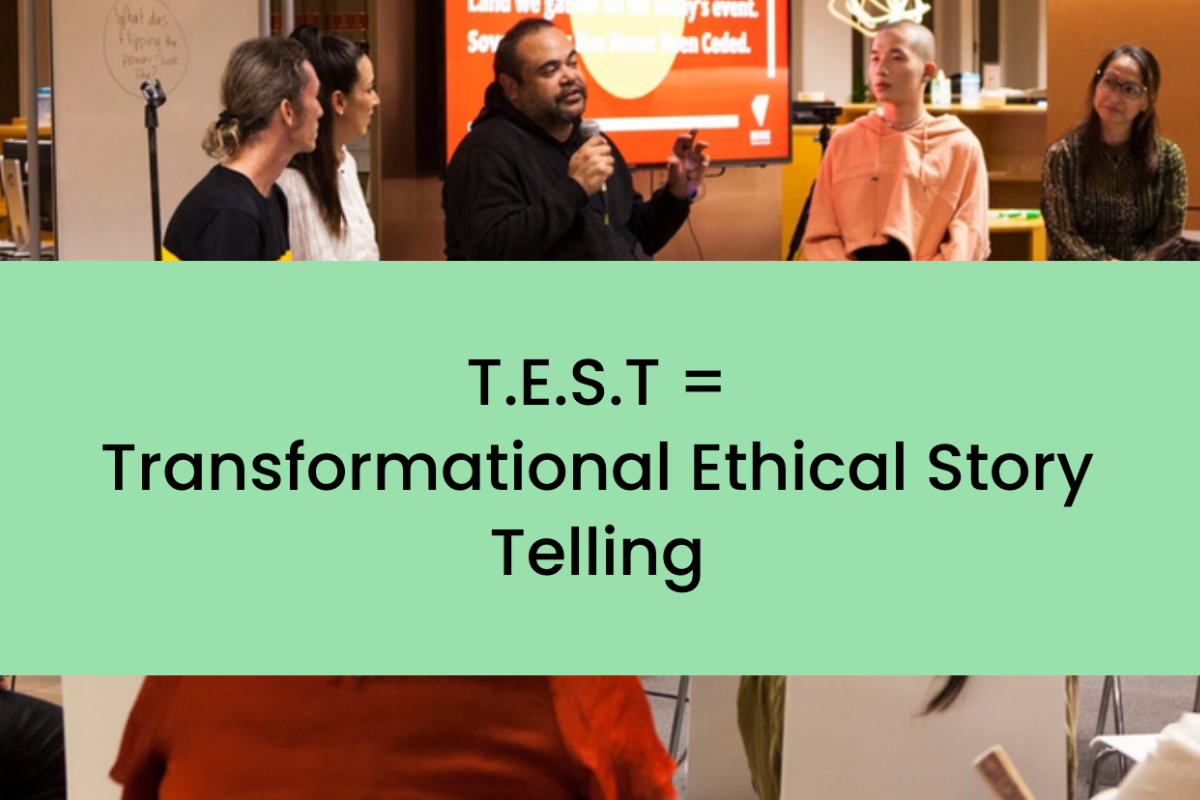 Panel discussion on Transformational Ethical Storytelling (T.E.S.T.) with diverse speakers, emphasising ethical storytelling practices.